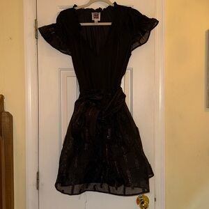 Anna Sui Black Mini Dress with Ruffled Sleeves